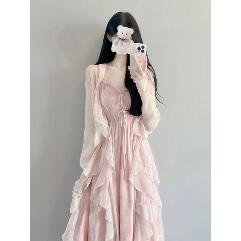 ワンピース レディース 吊りスカート Aライン シフォン ロング丈 長袖 カーディガン 2点セット フェミニン ガーリー ストリート ピンク系