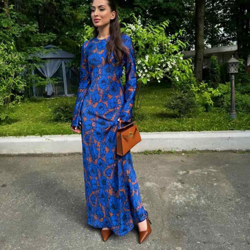 ワンピース レディース 長袖 多色プリント ギャザー ウエストマーク ロング丈 ポリエステル エレガント 通勤着 普段使い