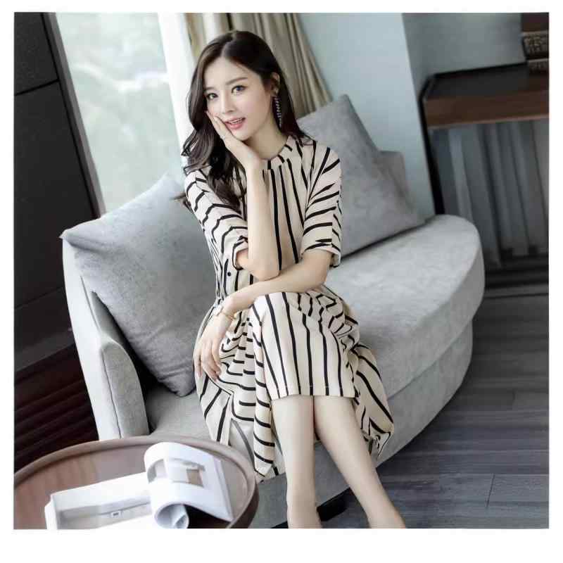 ワンピース レディース 韓国 Aライン ストライプ柄 膝下丈 半袖 ポリエステル混紡 ゆったり かわいい カジュアル 黒 白 春夏