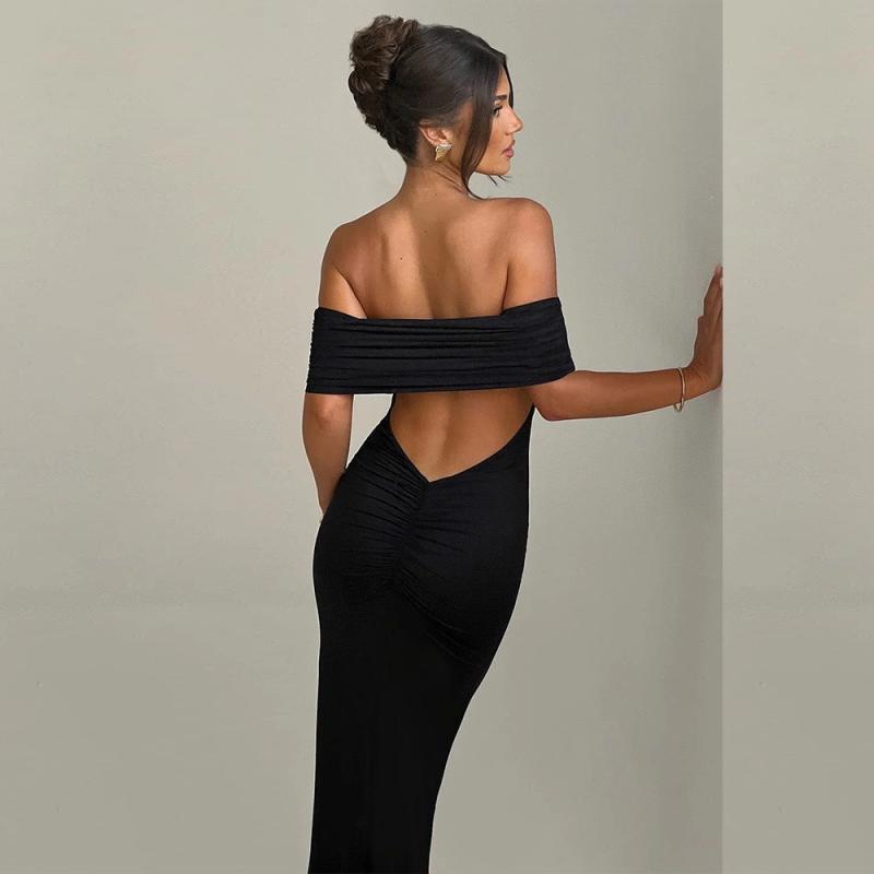 ワンピース レディース 膝丈 ノースリーブ 一字肩 チューブトップ バックオープン ボディコン タイト 無地 ポリエステル アセテート ブラック レッド ワインレッド ホワイト セクシー クラブ パーティー ドレス