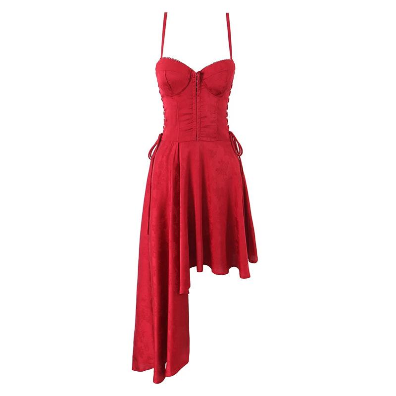 ワンピース レディース 春夏 セクシー 高腰 不規則 ノースリーブ ドレス 赤 ピンク系 绑带 ポリエステル