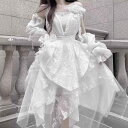 ワンピース レディース 森ガール 姫袖 ティアード フリル ミモレ丈 ポリエステル 高腰 Aライン 春夏