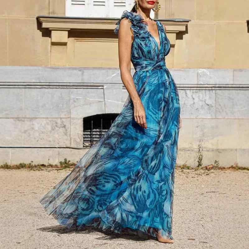 ワンピース レディース ボヘミアン Aライン Vネック 花柄プリント シフォン ロングワンピース 孔雀ブルー