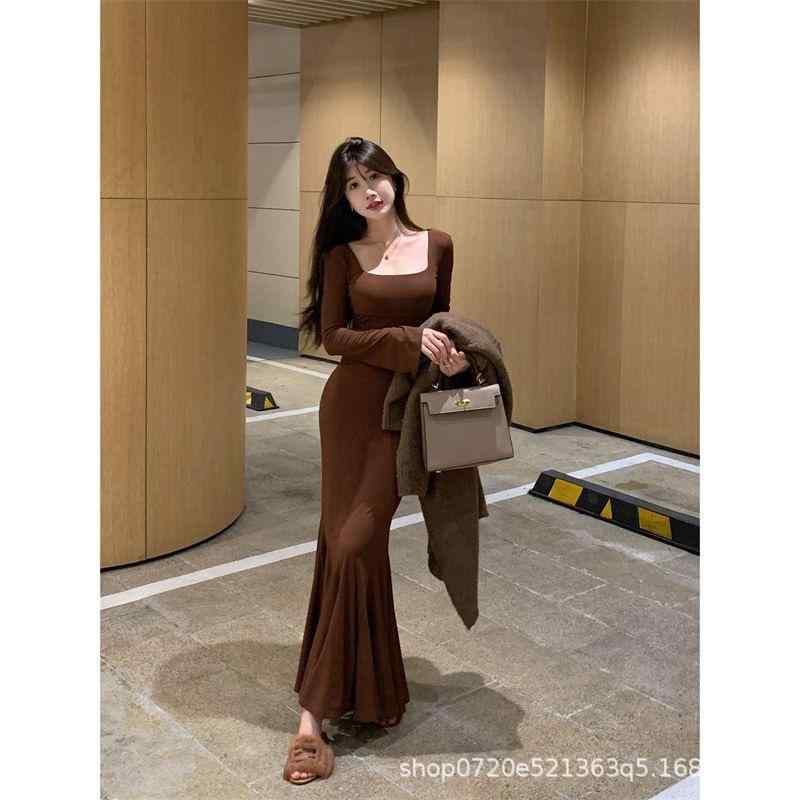 ワンピース レディース 長袖 フィッシュテール 法式 フレンチ ウエストシェイプ 細見え スタイルアップ ヒップラップ ロングスカート ポリエステル 無地 切り替え ブラック 高腰 螺紋 パフスリーブ