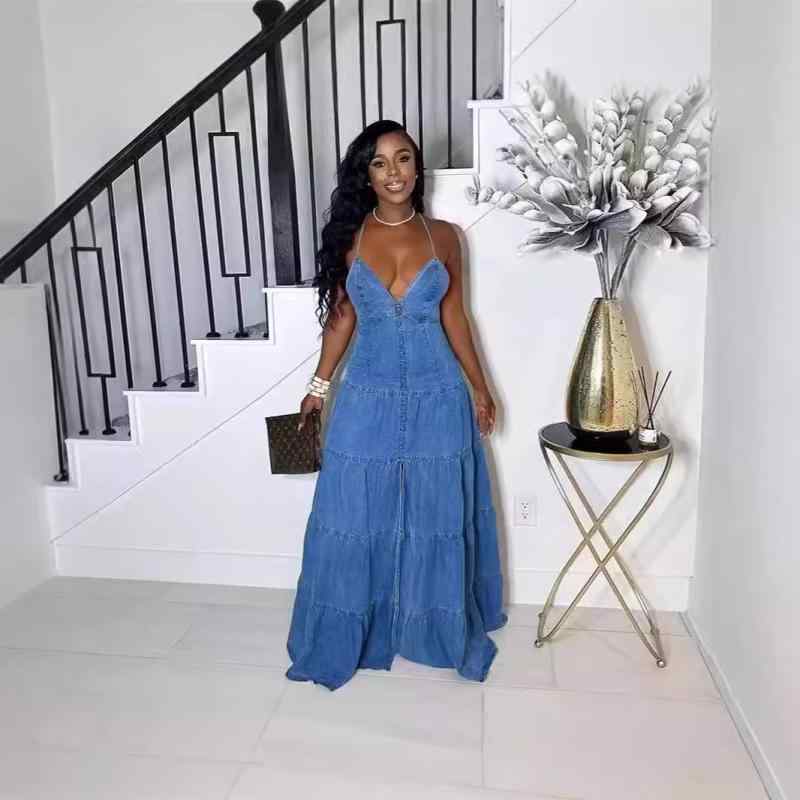 ワンピース レディース ケーキスカート デニム Vネック ノースリーブ ロング 高見え 欧美風 ギャザー ..