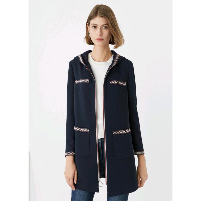 コート レディース 配色切り替え ストライプ柄 フード付き ミドル丈 ポリエステル 秋 アウター 通勤 普段使い 紺色 ネイビー系