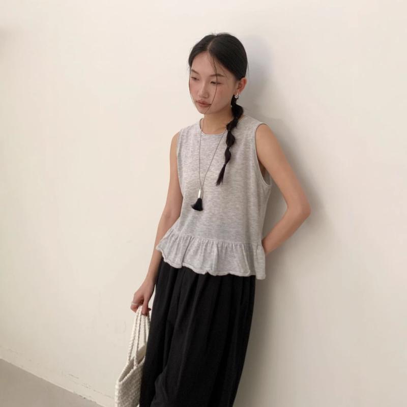 ニット レディース 夏ニット ノースリーブ クルーネック 無地 薄手 トップス 春夏 白 グレー 紺色 オレンジ 花柄 アクリル 再生繊維