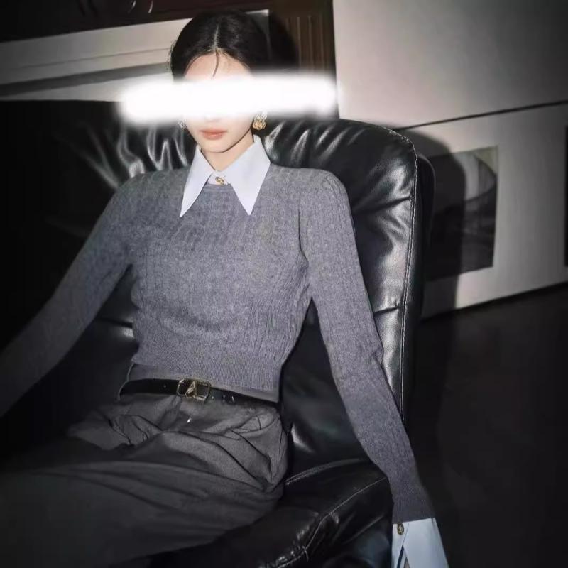 ニット レディース ドッキング風トップス 配色 長袖 プルオーバー ポロネック 襟付き グレー ブルー系 アクリル 通勤着(x2)