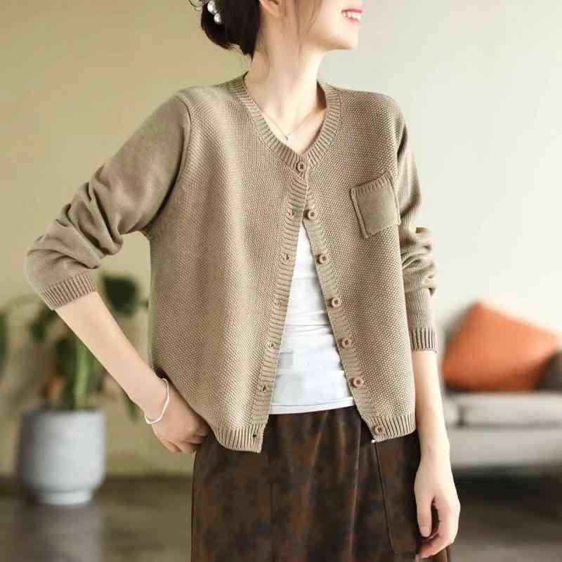 カーディガン レディース レトロ 文芸 ニットカーディガン 丸首 長袖 アウター トップス ポリエステル ..