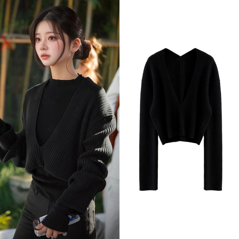 ニット レディース Vネック 黒 ブラック プルオーバー セーター トップス 绵 コットン 宽松 ゆったり ..