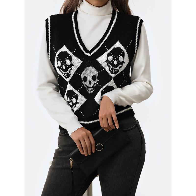 ニットベスト レディース Vネック 配色 切り替え アクリル スカルプリント プルオーバー トップス ノー..