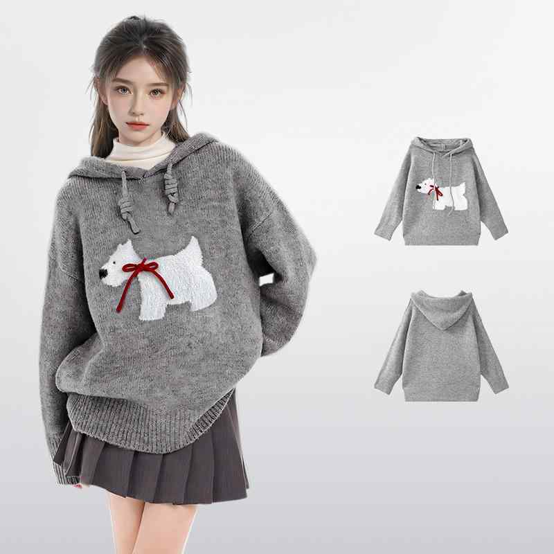 ニット レディース グレー 犬柄 パーカー プルオーバー 秋冬 ゆったり かわいい アクリル ポリエステル ニット トップス