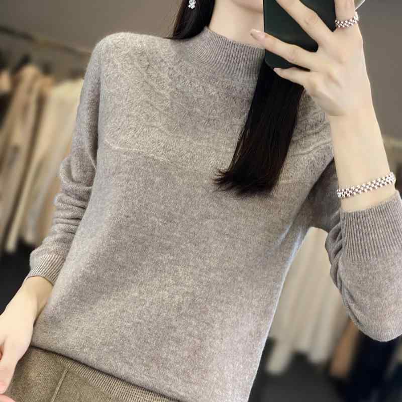 ニット レディース ニットトップス 長袖 プルオーバー 半高ネック 傘柄 ジャガード編み アイボリー系