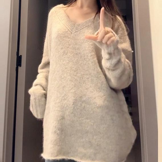 ニット レディース Vネック プルオーバー グレー トップス 韓国 シェニール ゆったり 長袖 秋冬 普段使い デート