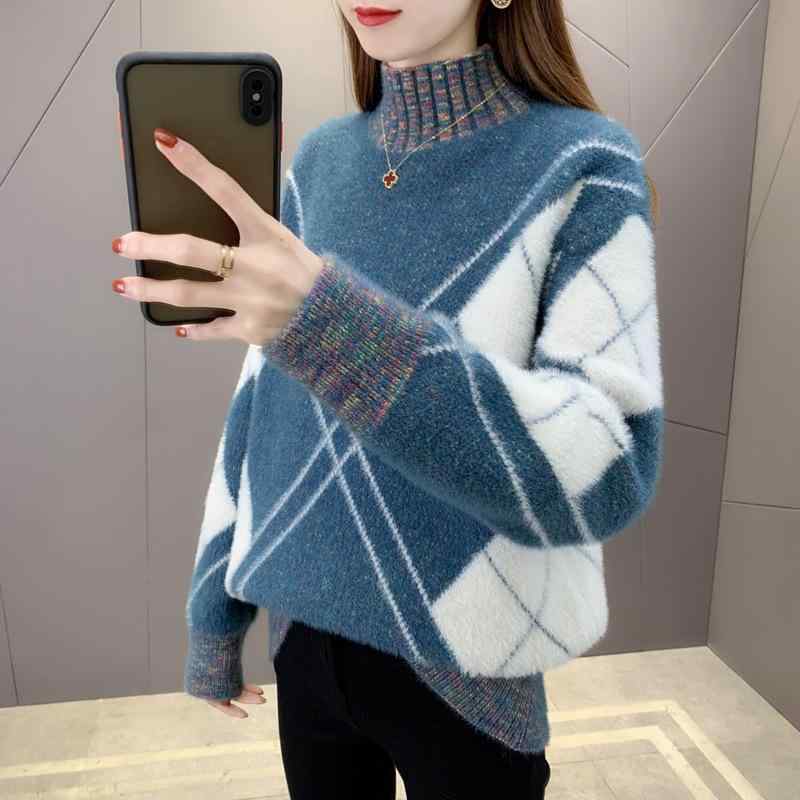 ニット レディース 半高ネック アーガイル柄 配色 プルオーバー 厚手 ゆったり 学院風 かわいい ガーリースタイル 長袖 トップス 秋冬 ポリエステル イエロ...