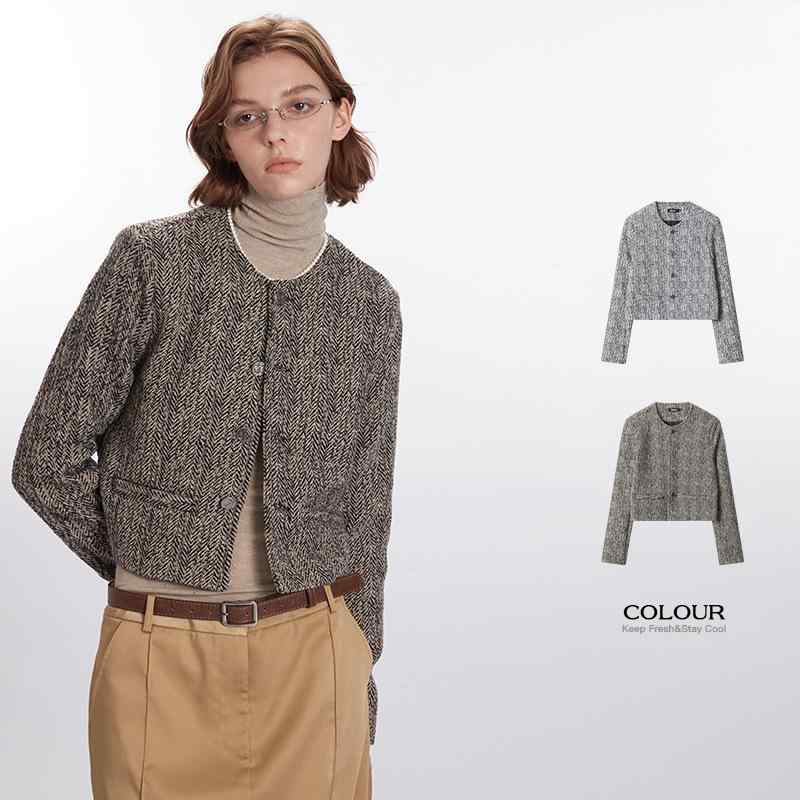 ジャケット レディース 韓国 ポリエステル 混紡 ショート丈 カーディガン ラウンドネック 長袖 ブラック カーキ