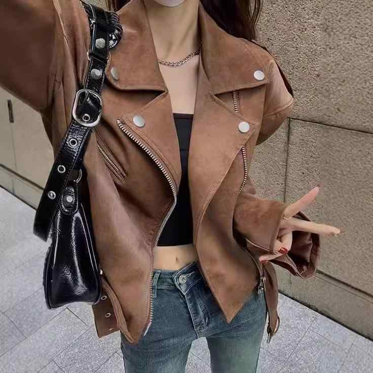 ジャケット レディース スエード ブルゾン 茶色 ブラウン ライダース バイク 短め ショート丈 ゆったり ルーズ 長袖 ストリート カジュアル 秋冬