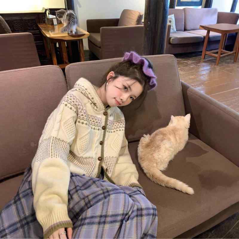 カーディガン レディース 韓国 レトロ 小柄 ニット ケーブル編み 配色 フード付き アウター 秋冬 ポリエステル 幾何学模様 ゆったり 厚手(x2)