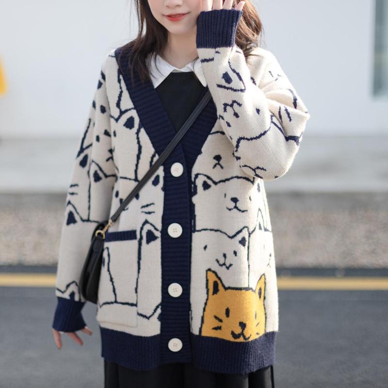 カーディガン レディース ニット 猫柄 ジャカード Vネック 秋冬 暖かい ゆったり 厚手 羽織り 紺色 コ..