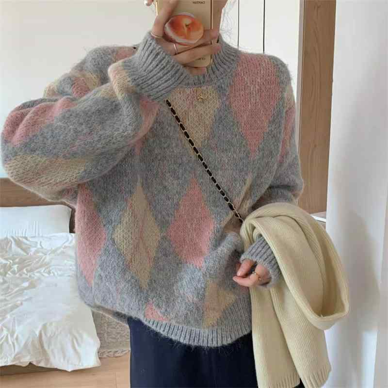 ニット レディース レトロ 幾何学模様 ゆったり ラウンドネック プルオーバー 秋冬 グレー 咖啡色 ポリエステル アクリル(x2)