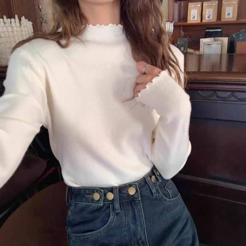 ニット レディース トップス 春秋 半高ネック 長袖 カットソー 無地 きれいめ かわいい フリル袖 オフィス カジュアル 通勤 デート 白 黒