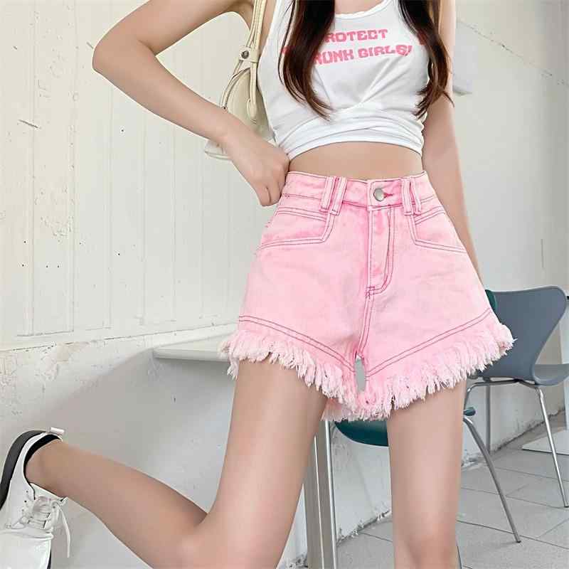 デニムショートパンツ レディース 韓国 薄手 カットオフ フリンジ Aライン ホットパンツ 短パン 高ウエスト ピンク系 ブルー系 ジーパン ジーンズ 春夏