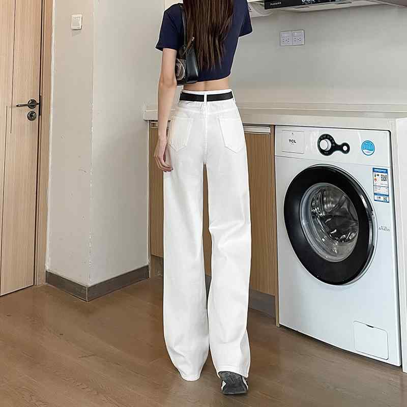 デニム レディース 高腰 ワイドレッグ ジーンズ パンツ 春秋 白 S M L XL 2XL 綿95%以上 カジュアル スタイル