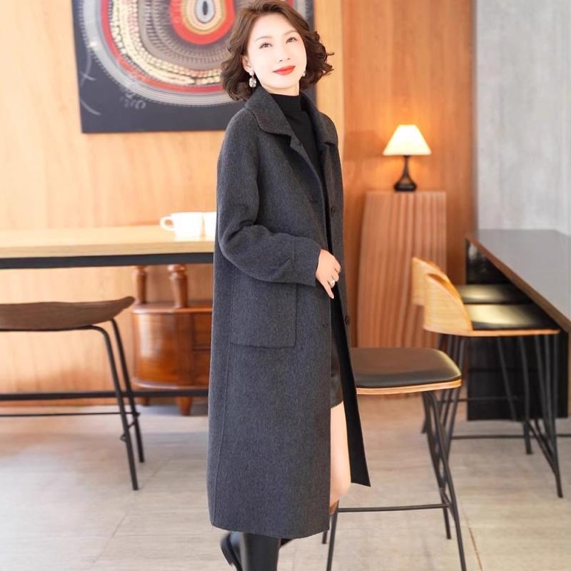 コート レディース ママ ウールブレンド アウター カジュアル 格子柄 ゆったりシルエット ロング丈 グレー 秋冬