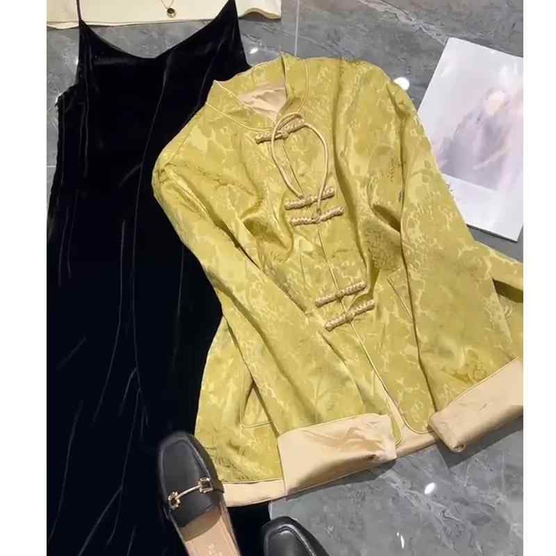 ジャケット レディース チャイナドレス風 Vネック プリント柄 ポリエステル エレガント スタイリッシュ トップス カットソー