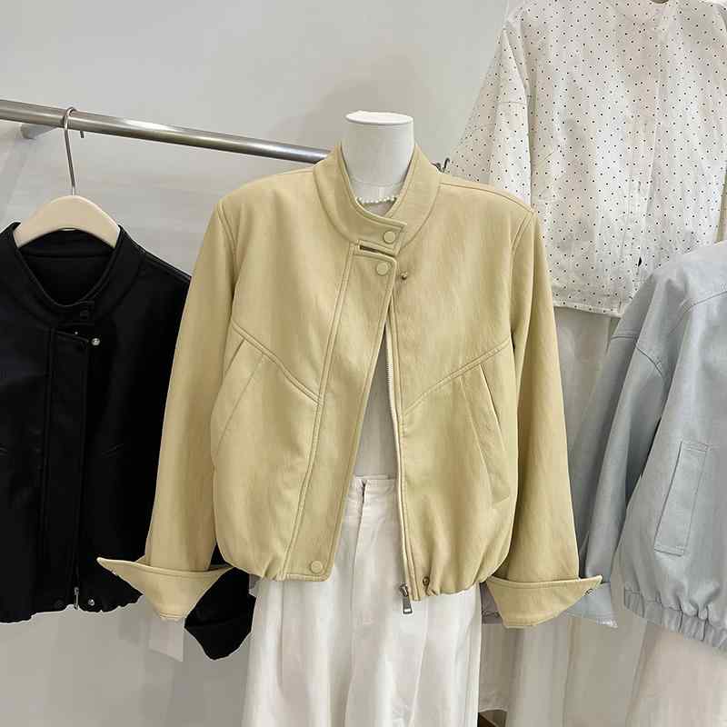レザージャケット レディース 春物 アウター ショート丈 高見え PUレザー ライダースジャケット 長袖 POLO襟 ジップアップ 無地 イエロー ブラック