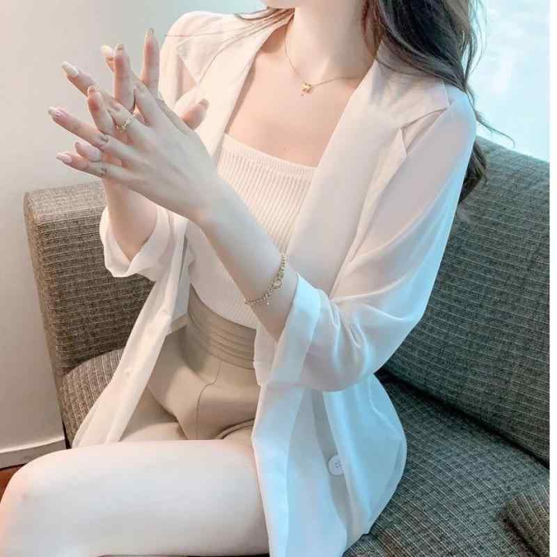 ジャケット レディース 薄手 シフォン 夏 カーディガン 7分袖 ショート丈 テーラード襟 アウター 通勤 オフィス カジュアル きれいめ 白 黒