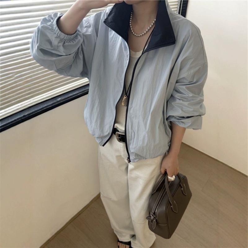 ジャケット レディース 春夏 ポリエステル リバーシブル ショート丈 薄手 長袖 立襟 ジップアップ 日韓スタイル カジュアル ブラック パープル グレー