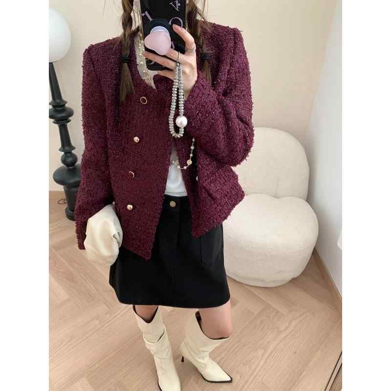 ジャケット レディース 秋物 アウター ブルゾン 丸首 ダブルブレスト 粗 tweed ツイード ライク 生地 パープル