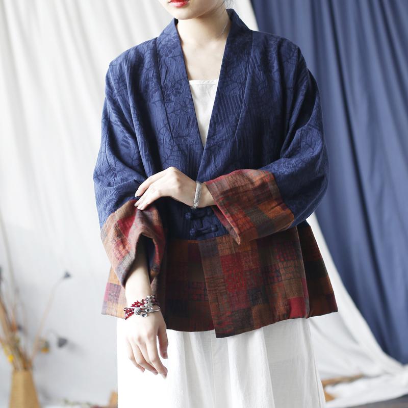 ジャケット レディース 秋物 レトロ Vネック 綿麻 ゆったりサイズ 上着 切り替え ブルー系 文学風 アジアンテイスト