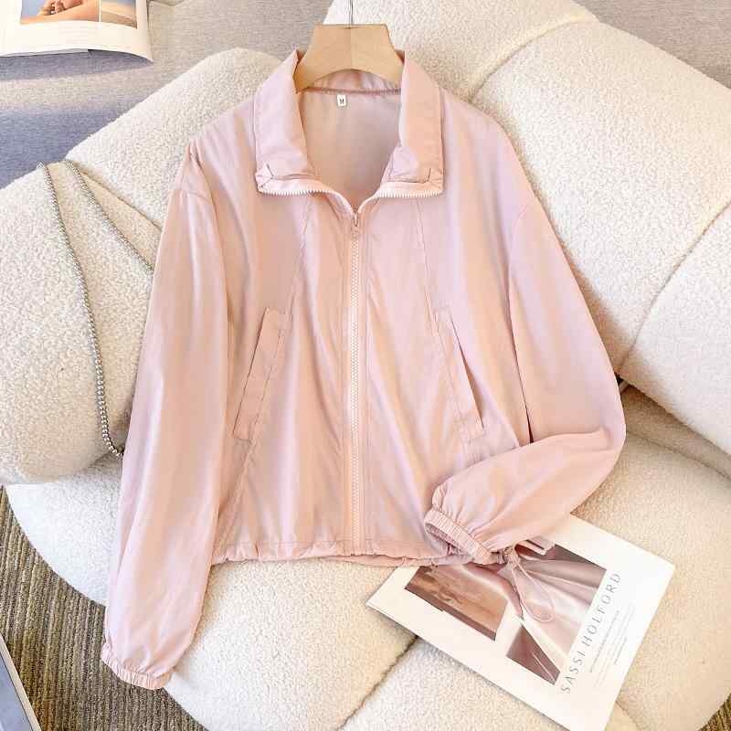 ブルゾン レディース 薄手 接触冷感 ポリエステル 羽織り 長袖 ジップアップ ライトアウター カジュアル 日焼け防止 冷房対策 ホワイト グレー ピンク M L XL XXL