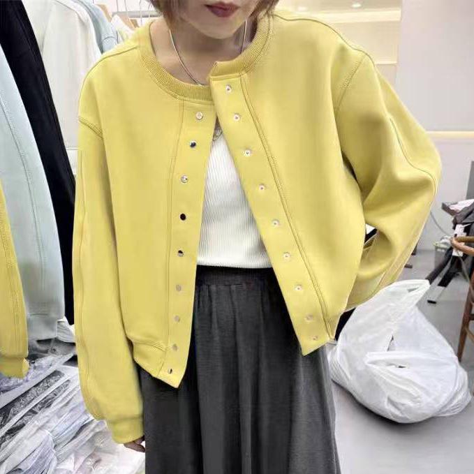 野球服 レディース カーディガン 無地 韓国 配色 丸首 ショート丈 アウター トップス グレー 黄色 水色..