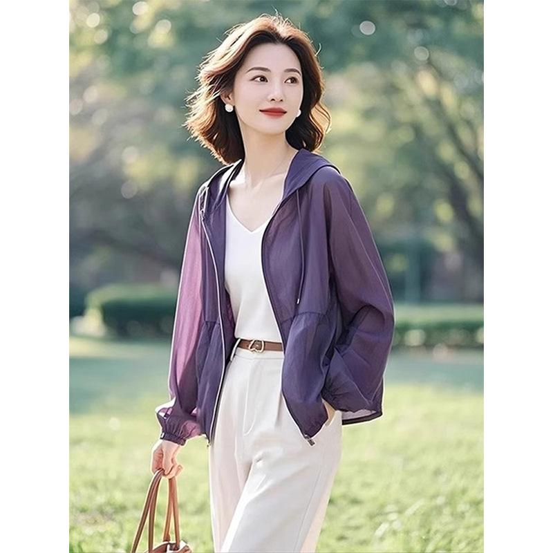 アウター レディース 薄手 長袖 パーカー ポリエステル スポーツ カジュアル 通勤 パープル