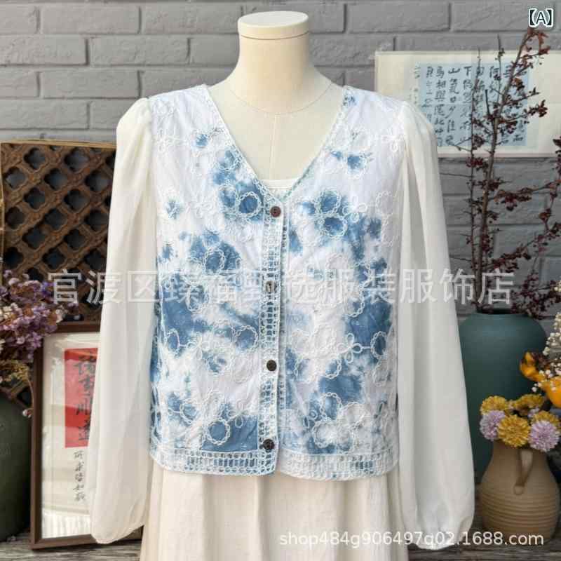 ブラウス レディース Vネック コットン 刺繡 鉤花 長袖 トップス カーディガン 雲染め 四つ葉柄 ゆったり 文芸風 レトロ 春夏 日焼け防止