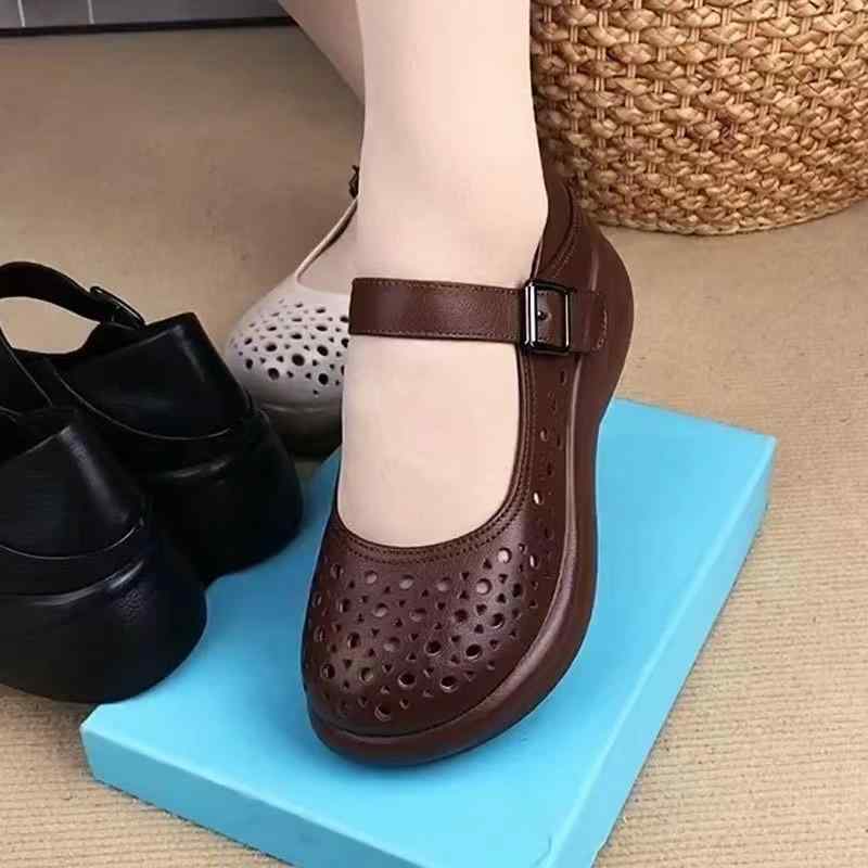 サンダル レディース 婦人靴 革 柔らかい 穴あき パンチング ローヒール フラット ぺたんこ 履きやすい..