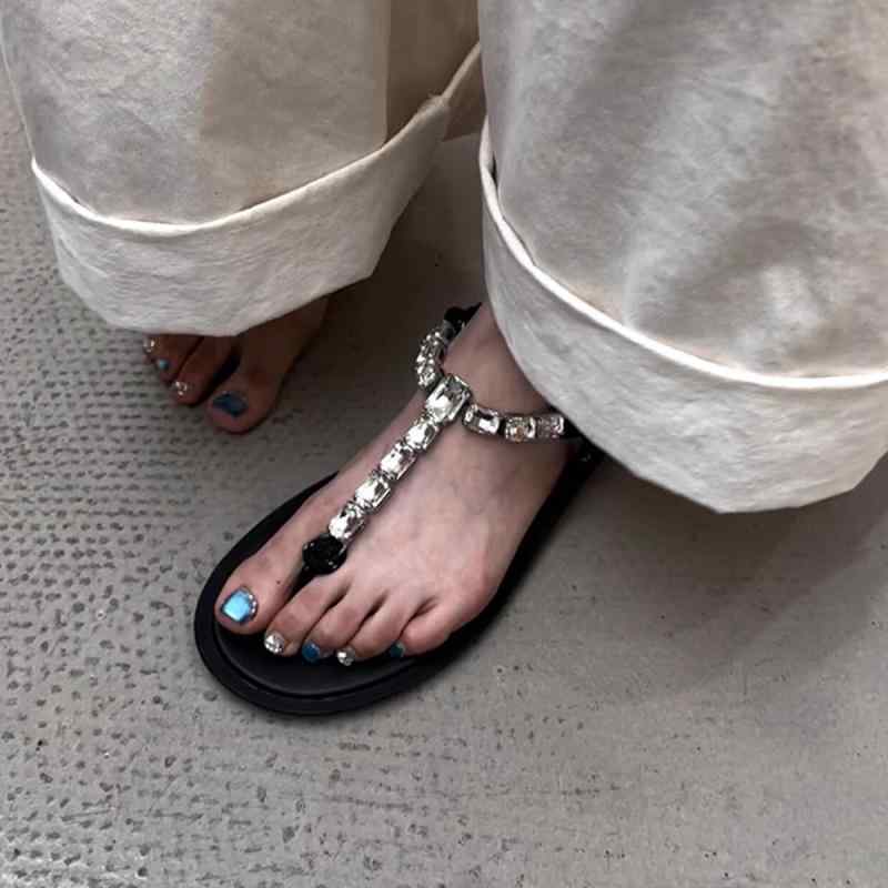 サンダル レディース フラット ストラップ ぺたんこ ビジュー トング ローマ風 黒 ビーチ リゾート 滑り止め 耐摩耗