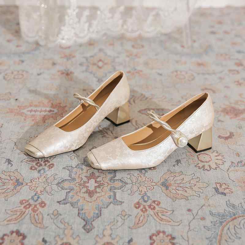 高跟パンプス レディース 靴 太ヒール 調 中ヒール スクエアトゥ スリッポン 杏色 黒 緑 春夏 秋 繊維 婦人靴 女性用