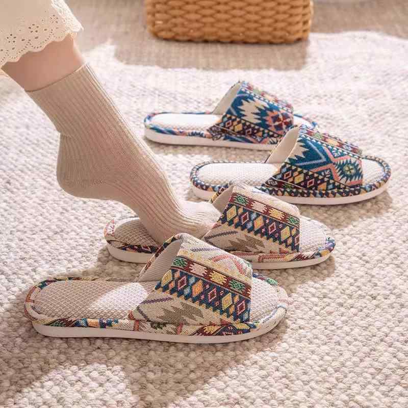 サンダル レディース 春夏 亜麻 リネン スリッパ 民族風 滑り止め 柔らかい底 フラット ぺたんこ 室内履き ルームシューズ 和風 ベージュ ブルー(x2)