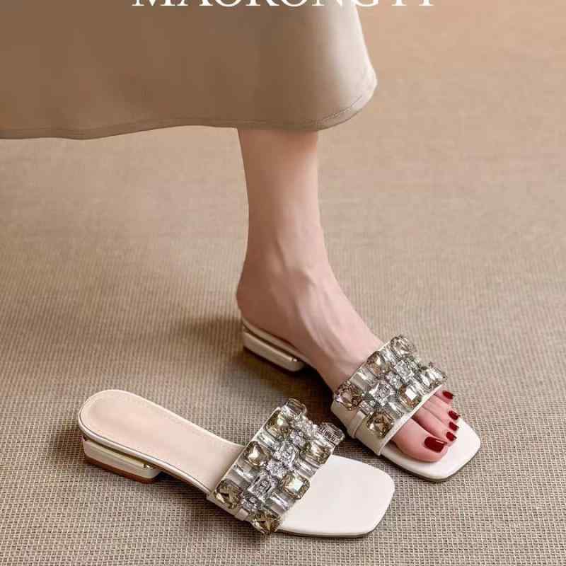 サンダル レディース 平底 ミュール スクエアトゥ ビジュー ぺたんこ スリッパ つっかけ 外履き 杏色 孔雀藍 普段使い かわいい 婦人靴