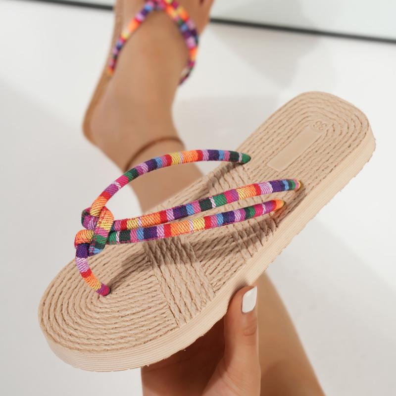 サンダル レディース 婦人靴 フラット ぺたんこ ビーチサンダル マルチカラー 配色 EVAソール 織物 軽量 リゾート 普段使い