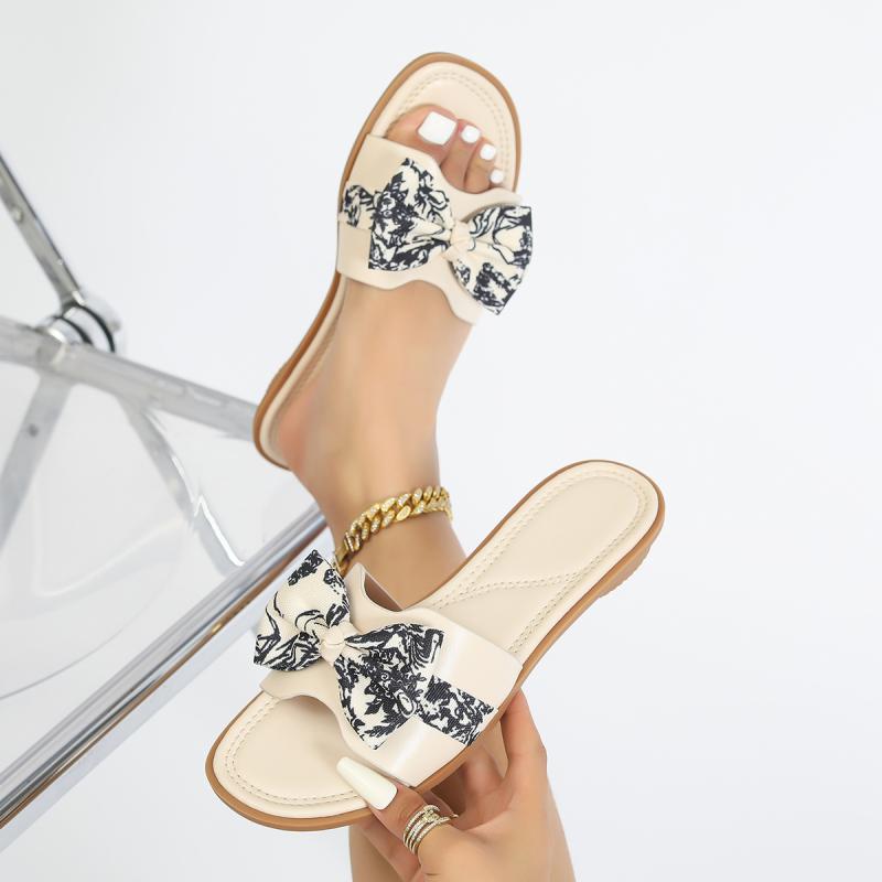 サンダル レディース フラット ローヒール スリッパ ミュール ぺたんこ 履きやすい かわいい 蝶結び 婦人靴 白 オフホワイト(4)