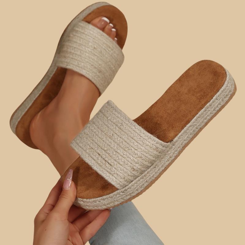 サンダル レディース 厚底 麻 ロープ 草編み フラット ぺたんこ 織り 柔らか 露趾 オープントゥ リゾート 普段使い ベージュ オフホワイト