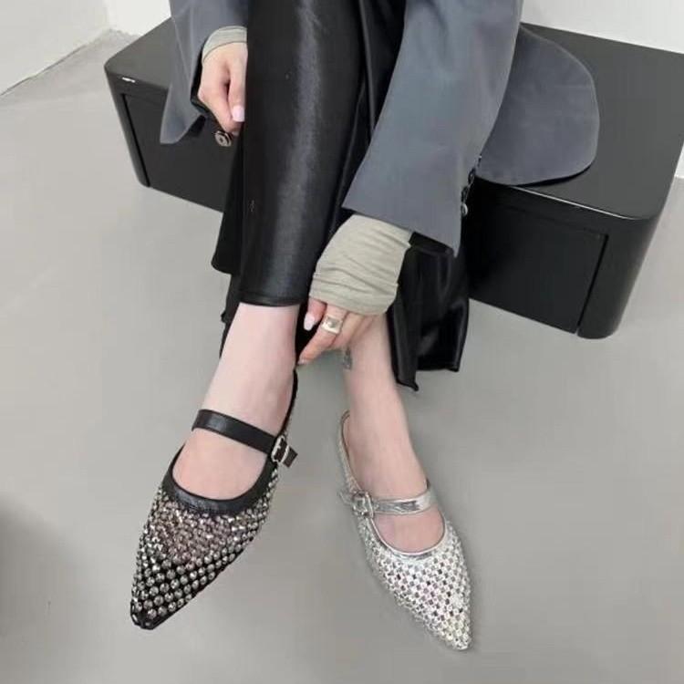 サンダル レディース ミュール フラット ローヒール ポインテッドトゥ ラインストーン スリッパ風 カジュアル フェイクレザー 黒 金 銀 春夏
