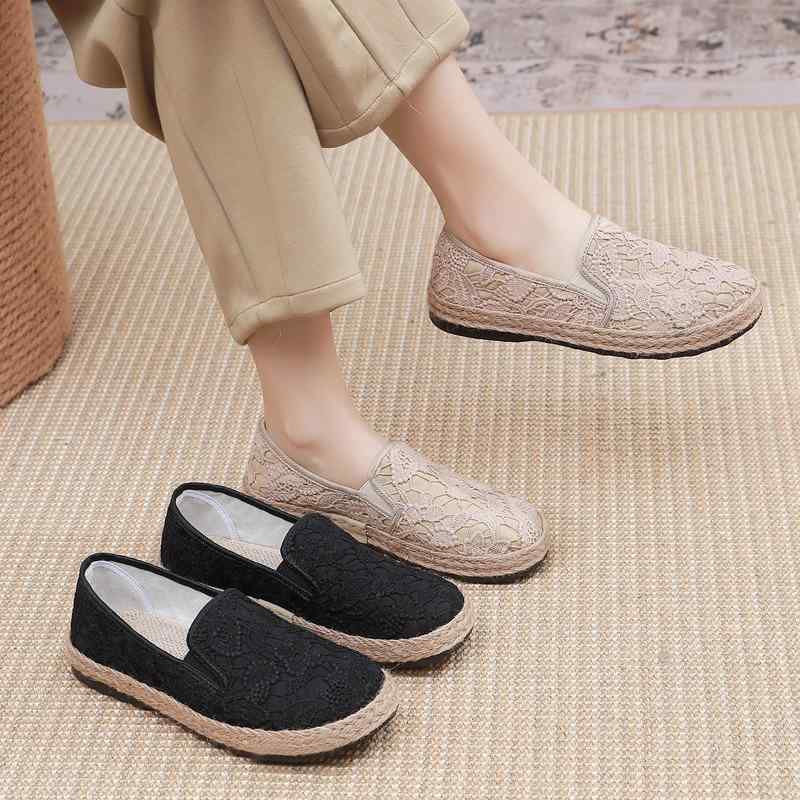 靴 レディース 漁夫靴 森ガール風 コットンリネン フラットシューズ スリッポン ローカット ぺたんこ靴 痛くなりにくい 履きやすい 歩きやすい 通気性 ベージュ ブラック