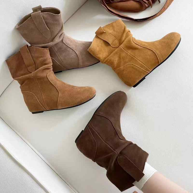 ブーツ レディース 牛革 ウェスタンブーツ ショートブーツ インヒール スタックドヒール ラウンドトゥ プルオン マ,ーチンブーツ カジュアル かわいい 普段使い 耐摩耗 秋冬 コーヒー色 イエロー カーキ キャメル 35 36 37 38 39