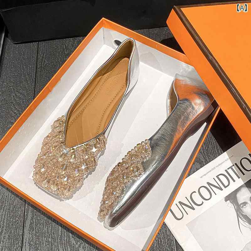 靴 レディース 豆の靴 パンプス ローヒール フラットシューズ ラインストーン飾り 合皮 春夏秋冬 シルバー ゴールド 黒 34 35 36 37 38 39 40 41 42 43